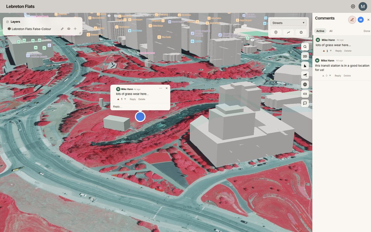 Map comments on false-color imagery with 3D buildings in Sarkoa