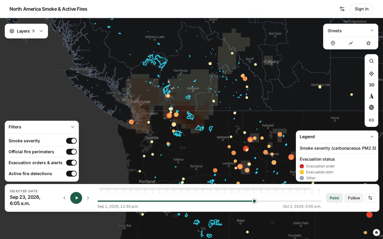 Interactive map with a time scrubber, layer filters, and legend