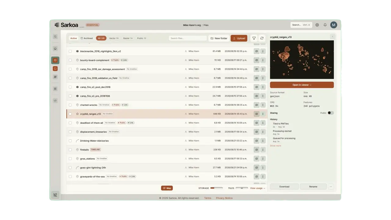 Short demo of selecting a hosted file and opening it in the Sarkoa map viewer